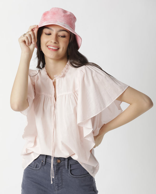 Rareism Women Zues Pink Cotton Fabric Relaxed Fit Tie-Up Neck Half Sleeves Solid Top