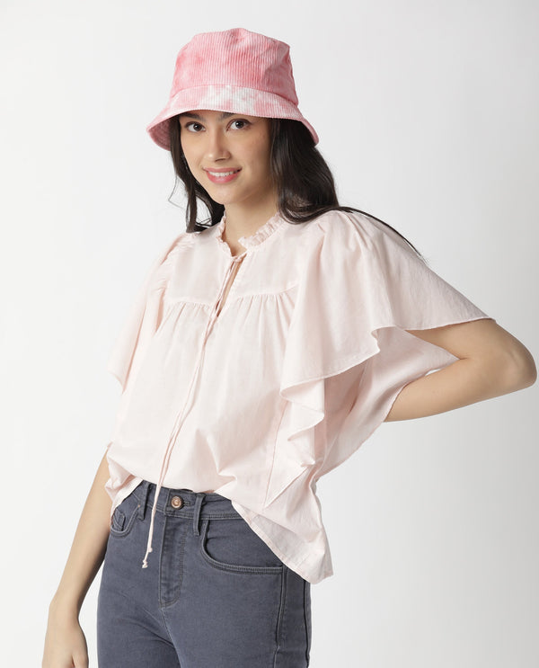 Rareism Women Zues Pink Cotton Fabric Relaxed Fit Tie-Up Neck Half Sleeves Solid Top