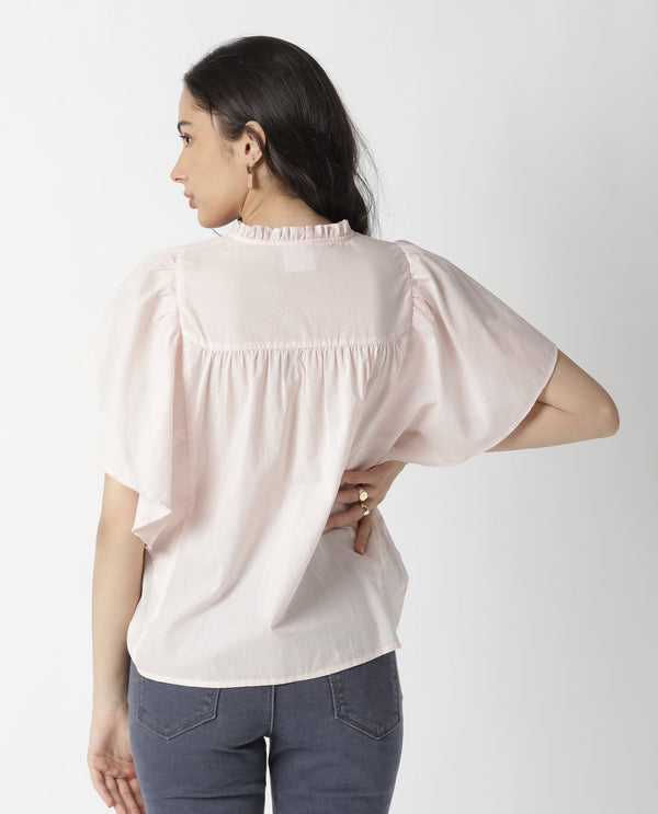 Rareism Women Zues Pink Cotton Fabric Relaxed Fit Tie-Up Neck Half Sleeves Solid Top