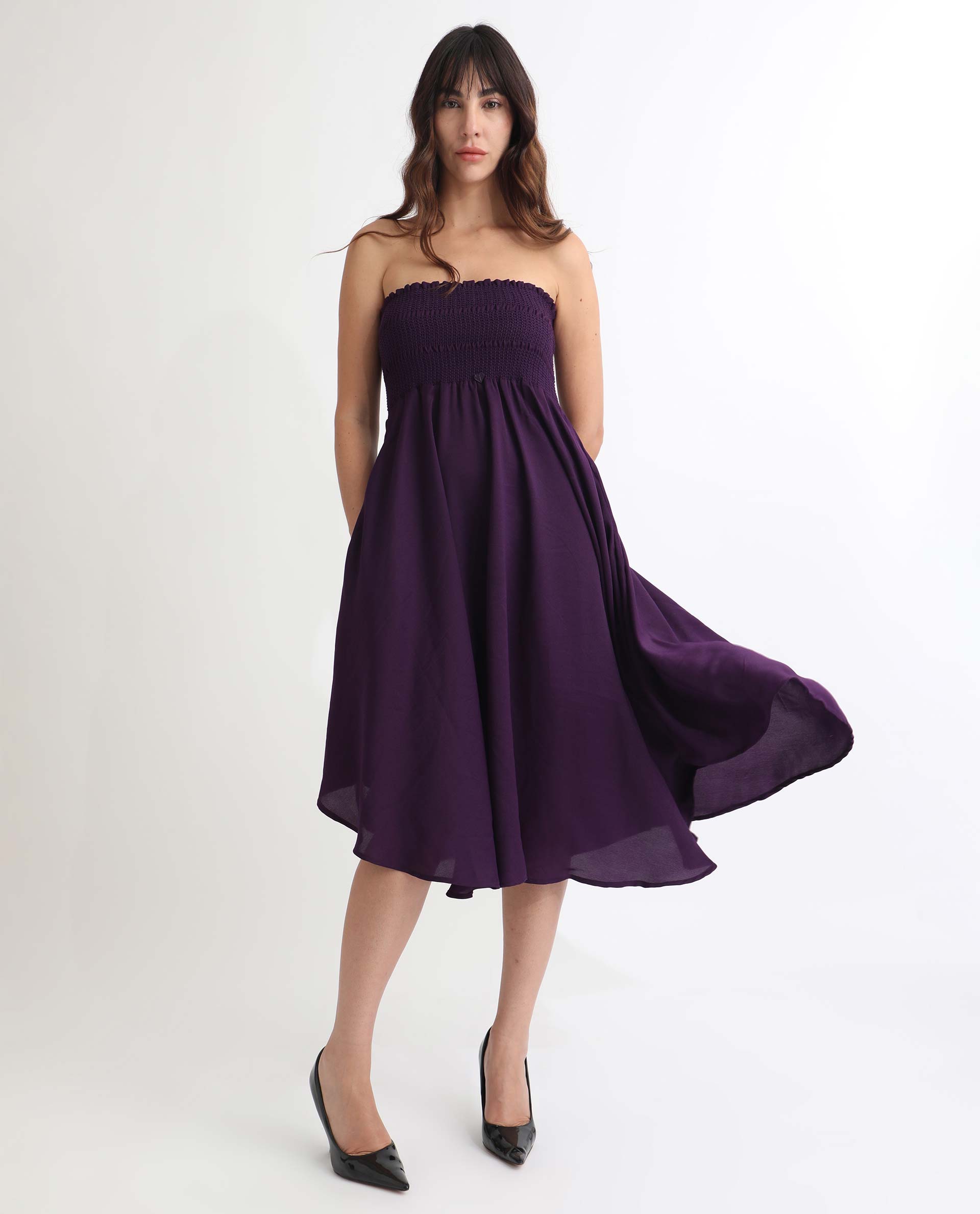 Rareism Women's Zuret Dark Purple Contemporary Full Flared Tube Dress Rareism Women's Zuret Dark Purple Contemporary Full Flared Tube Dress