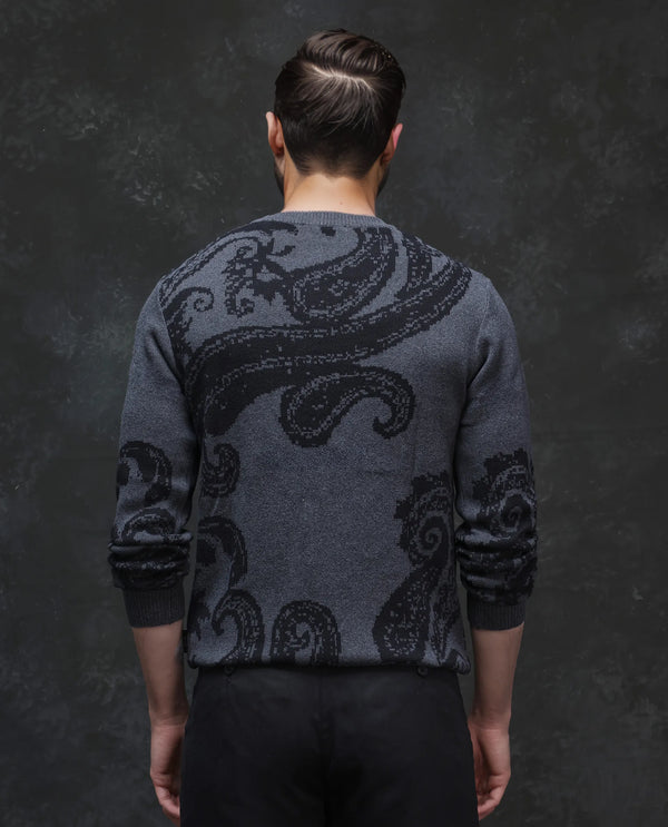 Rare Rabbit Men's Zuri Grey Cotton Fabric Full Sleeve Crew Neck Paisley Print Premium Jacquard Sweater