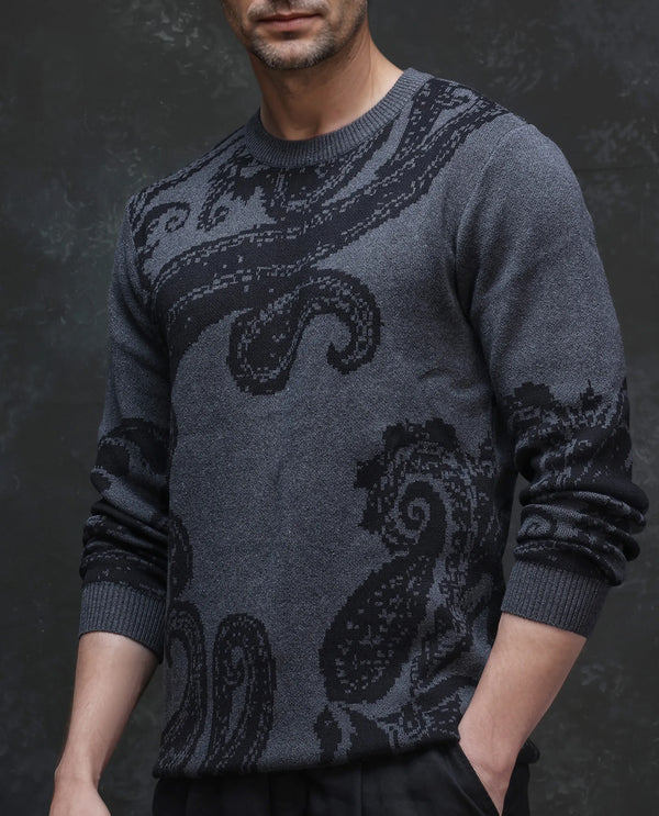 Rare Rabbit Men's Zuri Grey Cotton Fabric Full Sleeve Crew Neck Paisley Print Premium Jacquard Sweater