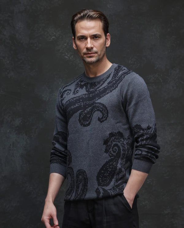 Rare Rabbit Men's Zuri Grey Cotton Fabric Full Sleeve Crew Neck Paisley Print Premium Jacquard Sweater
