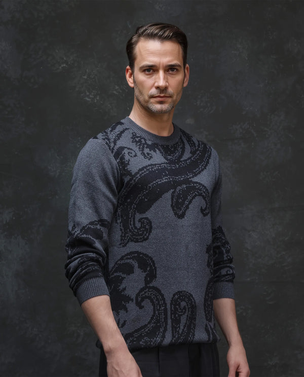 Rare Rabbit Men's Zuri Grey Cotton Fabric Full Sleeve Crew Neck Paisley Print Premium Jacquard Sweater