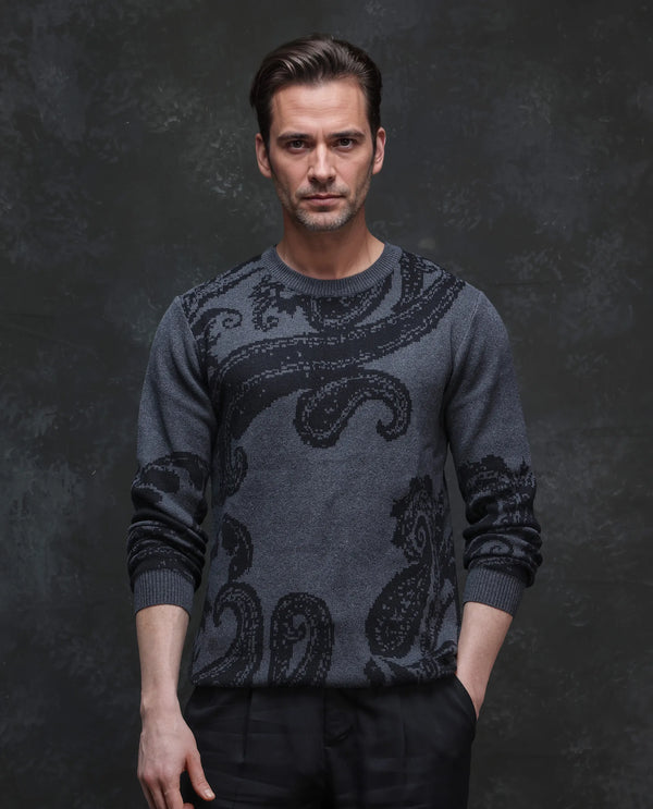 Rare Rabbit Men's Zuri Grey Cotton Fabric Full Sleeve Crew Neck Paisley Print Premium Jacquard Sweater