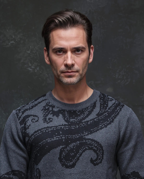 Rare Rabbit Men's Zuri Grey Cotton Fabric Full Sleeve Crew Neck Paisley Print Premium Jacquard Sweater
