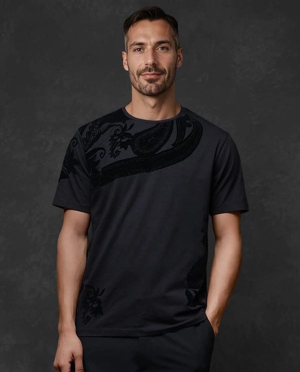 Rare Rabbit Men Zuron Black Cotton Fabric Short Sleeves Crew Neck Paisley Flock Print T-Shirt