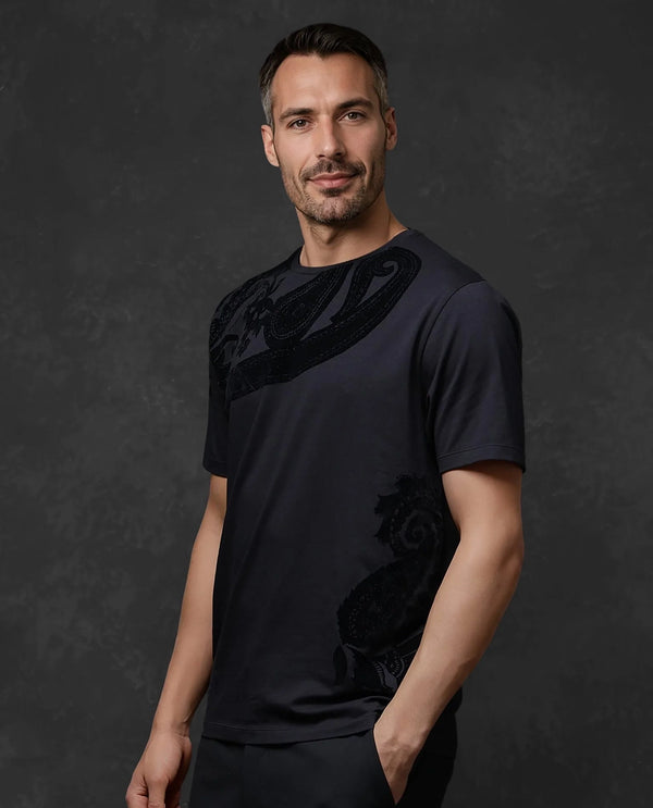 Rare Rabbit Men Zuron Black Cotton Fabric Short Sleeves Crew Neck Paisley Flock Print T-Shirt