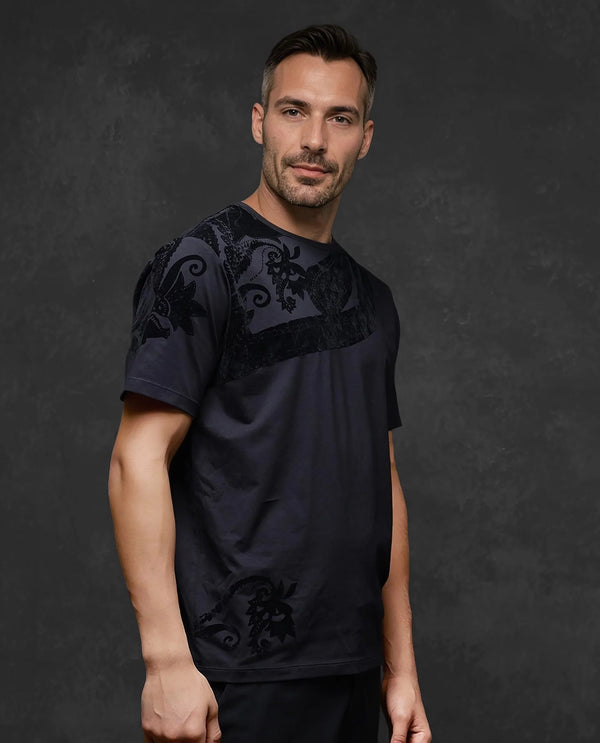 Rare Rabbit Men Zuron Black Cotton Fabric Short Sleeves Crew Neck Paisley Flock Print T-Shirt
