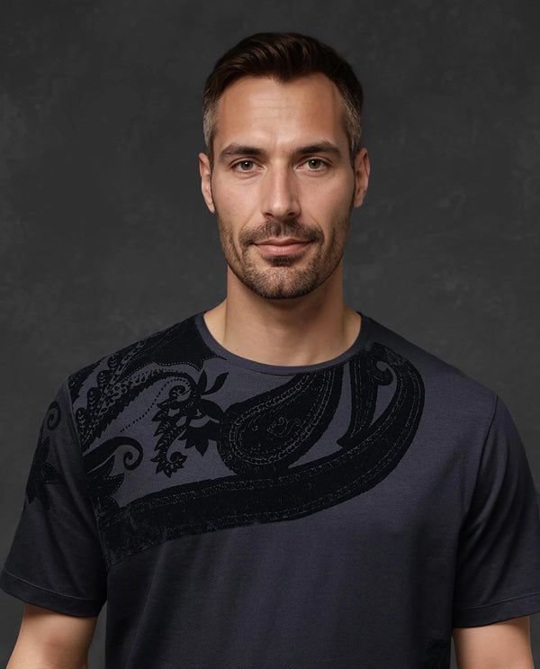Rare Rabbit Men Zuron Black Cotton Fabric Short Sleeves Crew Neck Paisley Flock Print T-Shirt