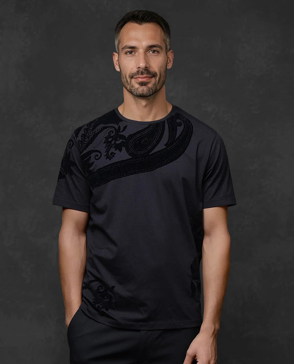 Rare Rabbit Men Zuron Black Cotton Fabric Short Sleeves Crew Neck Paisley Flock Print T-Shirt