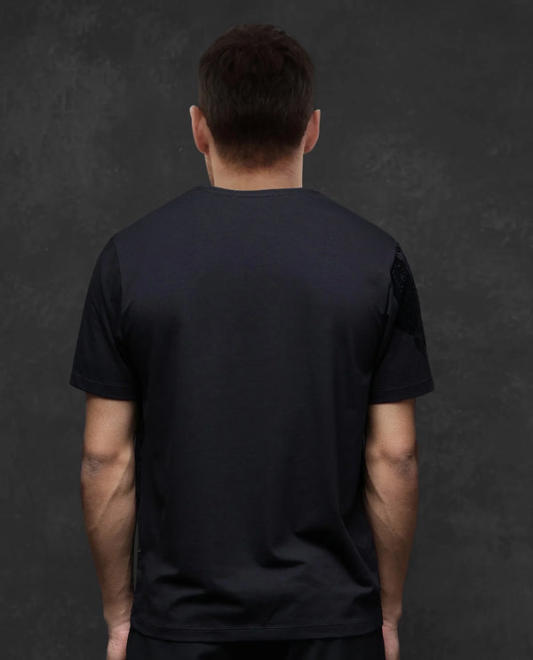 Rare Rabbit Men Zuron Black Cotton Fabric Short Sleeves Crew Neck Paisley Flock Print T-Shirt