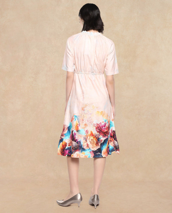Rareism Women's Zushi Multi Cotton Blend Fabric Ruffled Neck Tie-Up Closure Raglan Sleeve Floral Print A-Line Knee Length Dress