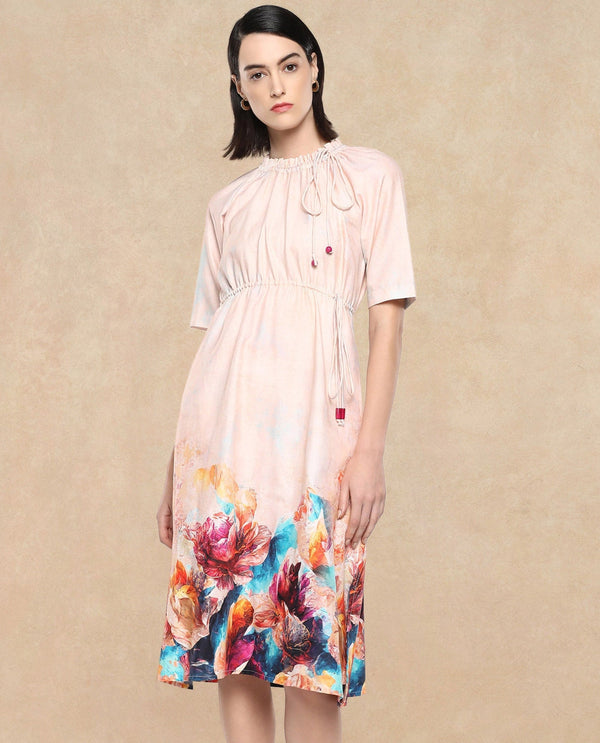 Rareism Women's Zushi Multi Cotton Blend Fabric Ruffled Neck Tie-Up Closure Raglan Sleeve Floral Print A-Line Knee Length Dress