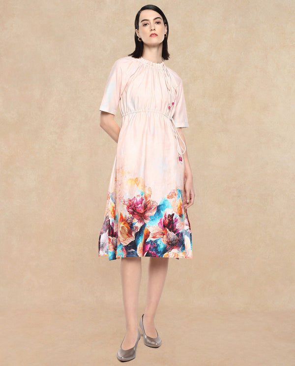 Rareism Women's Zushi Multi Cotton Blend Fabric Ruffled Neck Tie-Up Closure Raglan Sleeve Floral Print A-Line Knee Length Dress