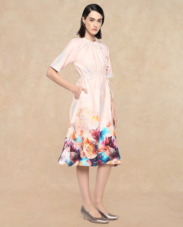 Rareism Women's Zushi Multi Cotton Blend Fabric Ruffled Neck Tie-Up Closure Raglan Sleeve Floral Print A-Line Knee Length Dress