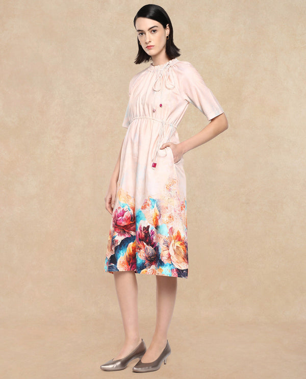 Rareism Women's Zushi Multi Cotton Blend Fabric Ruffled Neck Tie-Up Closure Raglan Sleeve Floral Print A-Line Knee Length Dress