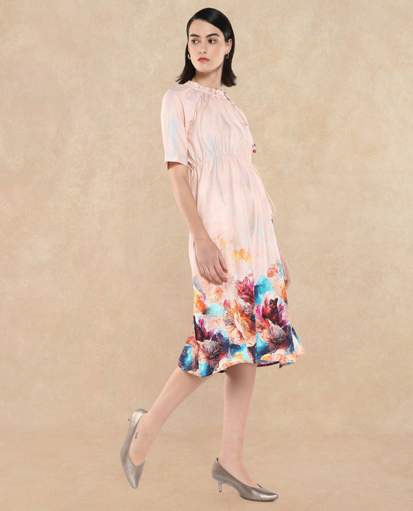 Rareism Women's Zushi Multi Cotton Blend Fabric Ruffled Neck Tie-Up Closure Raglan Sleeve Floral Print A-Line Knee Length Dress