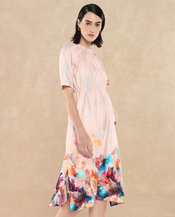 Rareism Women's Zushi Multi Cotton Blend Fabric Ruffled Neck Tie-Up Closure Raglan Sleeve Floral Print A-Line Knee Length Dress