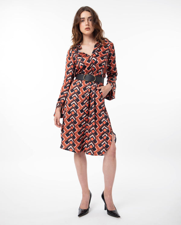 Rareism Women Zwerg Orange Polyester Fabric Full Sleeves Button Closure Shirt Collar Raglan Sleeve Regular Fit Geometric Print Knee Length A-Line Dress