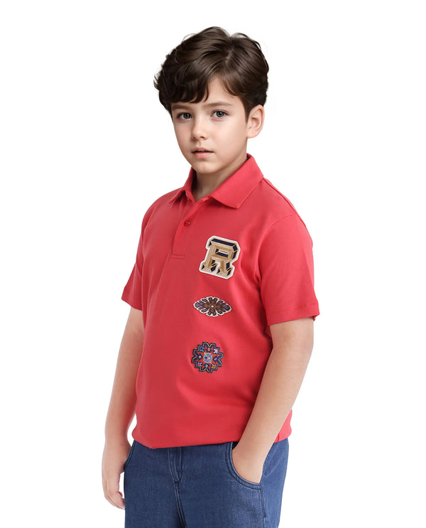 Rare Ones Kids Zyra Red Cotton Half Sleeve Button Closure Printed Regular Fit Polo