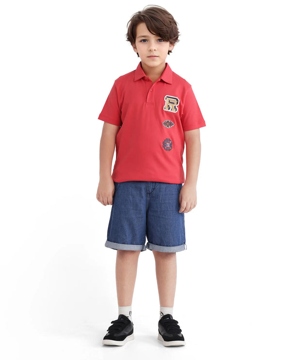 Rare Ones Kids Zyra Red Cotton Half Sleeve Button Closure Printed Regular Fit Polo