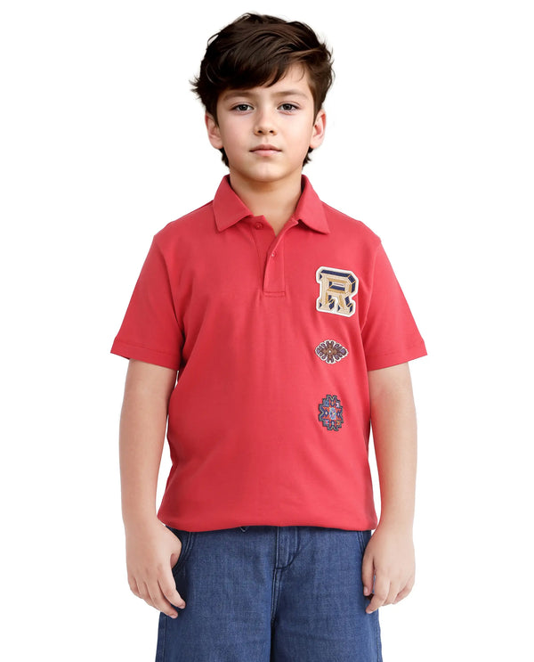 Rare Ones Kids Zyra Red Cotton Half Sleeve Button Closure Printed Regular Fit Polo