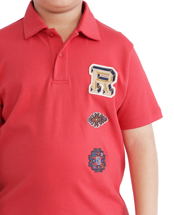 Rare Ones Kids Zyra Red Cotton Half Sleeve Button Closure Printed Regular Fit Polo