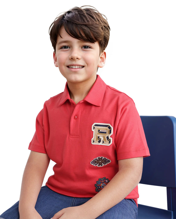 Rare Ones Kids Zyra Red Cotton Half Sleeve Button Closure Printed Regular Fit Polo