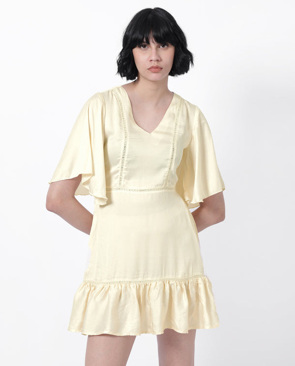 Rareism Women Zyrus Off White Polyester Fabric Short Sleeves V-Neck Flared Sleeve Regular Fit Plain Short Boxy Dress