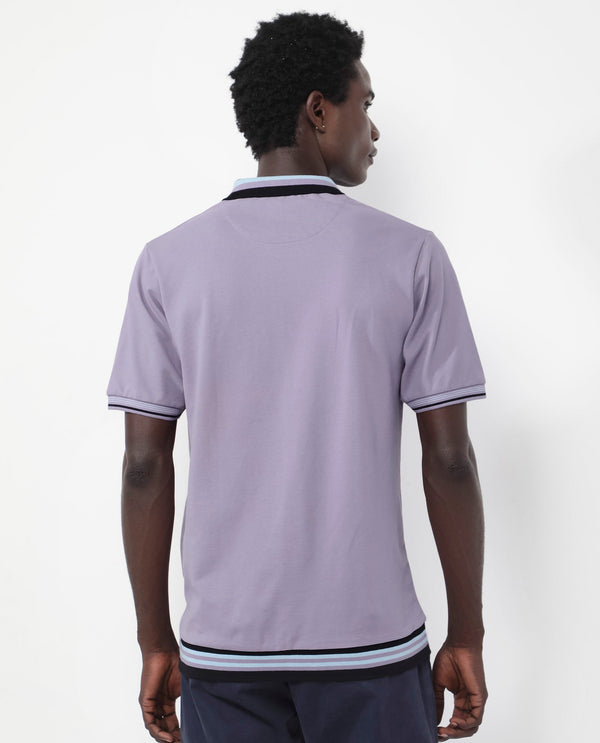 Rare Rabbit Men's Zyte Dusky Purple Cotton Fabric Short Sleeves Regular Collar Zipper Closure Plain Knit Polo T-Shirt