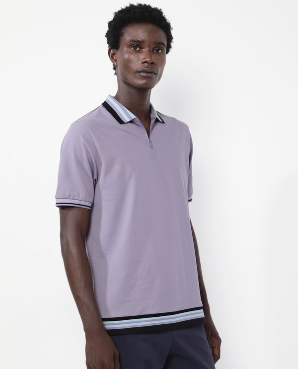 Rare Rabbit Men's Zyte Dusky Purple Cotton Fabric Short Sleeves Regular Collar Zipper Closure Plain Knit Polo T-Shirt