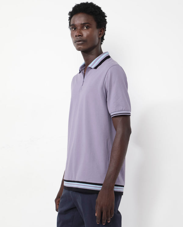 Rare Rabbit Men's Zyte Dusky Purple Cotton Fabric Short Sleeves Regular Collar Zipper Closure Plain Knit Polo T-Shirt