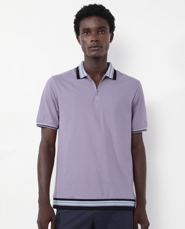 Rare Rabbit Men's Zyte Dusky Purple Cotton Fabric Short Sleeves Regular Collar Zipper Closure Plain Knit Polo T-Shirt