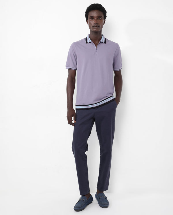 Rare Rabbit Men's Zyte Dusky Purple Cotton Fabric Short Sleeves Regular Collar Zipper Closure Plain Knit Polo T-Shirt