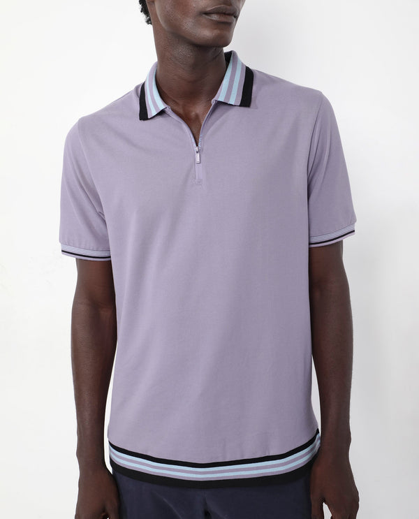 Rare Rabbit Men's Zyte Dusky Purple Cotton Fabric Short Sleeves Regular Collar Zipper Closure Plain Knit Polo T-Shirt