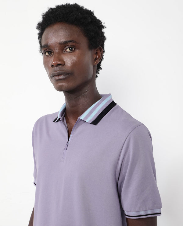 Rare Rabbit Men's Zyte Dusky Purple Cotton Fabric Short Sleeves Regular Collar Zipper Closure Plain Knit Polo T-Shirt