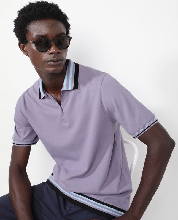 Rare Rabbit Men's Zyte Dusky Purple Cotton Fabric Short Sleeves Regular Collar Zipper Closure Plain Knit Polo T-Shirt