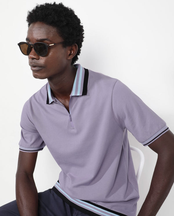 Rare Rabbit Men's Zyte Dusky Purple Cotton Fabric Short Sleeves Regular Collar Zipper Closure Plain Knit Polo T-Shirt