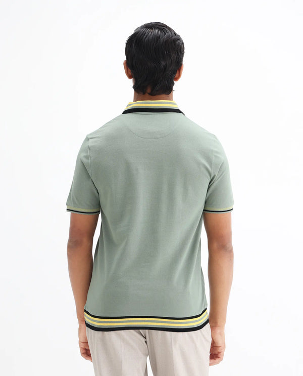 Rare Rabbit Men's Zyte Dusky Green Cotton Fabric Short Sleeves Regular Collar Zipper Closure Plain Knit Polo T-Shirt