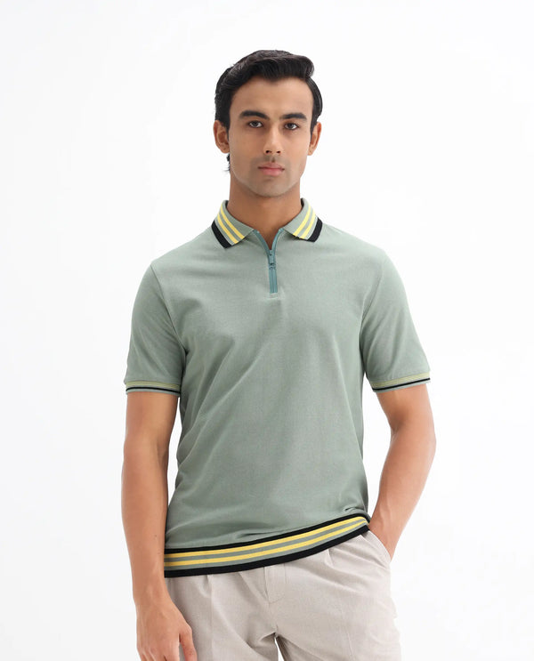 Rare Rabbit Men's Zyte Dusky Green Cotton Fabric Short Sleeves Regular Collar Zipper Closure Plain Knit Polo T-Shirt
