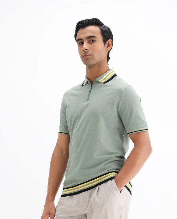 Rare Rabbit Men's Zyte Dusky Green Cotton Fabric Short Sleeves Regular Collar Zipper Closure Plain Knit Polo T-Shirt