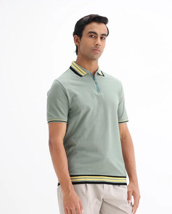 Rare Rabbit Men's Zyte Dusky Green Cotton Fabric Short Sleeves Regular Collar Zipper Closure Plain Knit Polo T-Shirt