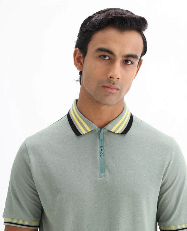 Rare Rabbit Men's Zyte Dusky Green Cotton Fabric Short Sleeves Regular Collar Zipper Closure Plain Knit Polo T-Shirt