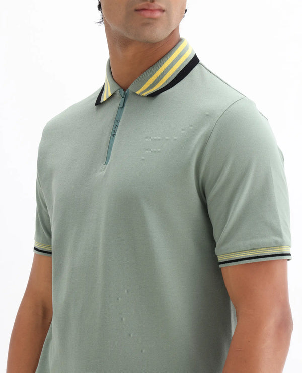 Rare Rabbit Men's Zyte Dusky Green Cotton Fabric Short Sleeves Regular Collar Zipper Closure Plain Knit Polo T-Shirt