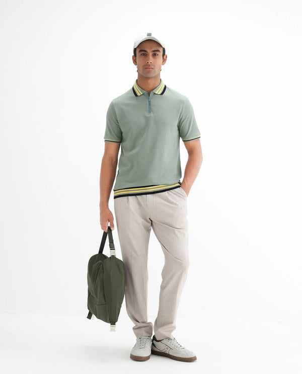 Rare Rabbit Men's Zyte Dusky Green Cotton Fabric Short Sleeves Regular Collar Zipper Closure Plain Knit Polo T-Shirt
