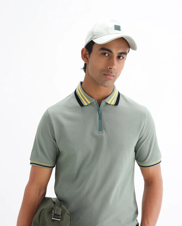Rare Rabbit Men's Zyte Dusky Green Cotton Fabric Short Sleeves Regular Collar Zipper Closure Plain Knit Polo T-Shirt