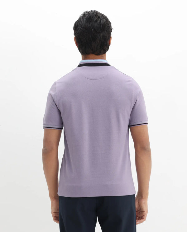 Rare Rabbit Men's Zyte Dusky Purple Cotton Fabric Short Sleeves Regular Collar Zipper Closure Plain Knit Polo T-Shirt