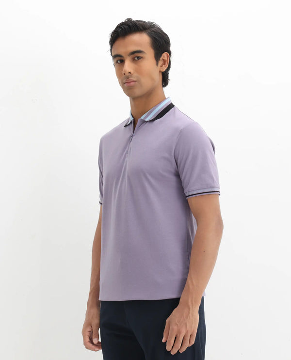 Rare Rabbit Men's Zyte Dusky Purple Cotton Fabric Short Sleeves Regular Collar Zipper Closure Plain Knit Polo T-Shirt