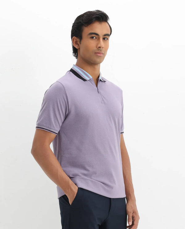Rare Rabbit Men's Zyte Dusky Purple Cotton Fabric Short Sleeves Regular Collar Zipper Closure Plain Knit Polo T-Shirt